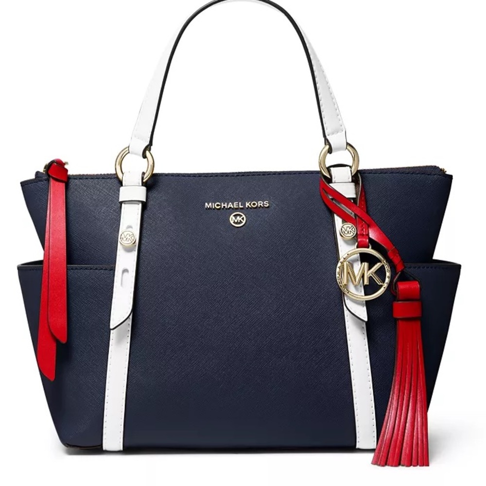 Michael Kors Nomad Small Convertible Top Zip Tote in Navy with white and red